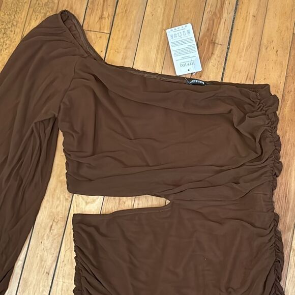 NWT BTFBM Brown One Shoulder Ruched Dress Sheer Long Sleeve Side Cut Out Size XL - Picture 5 of 6